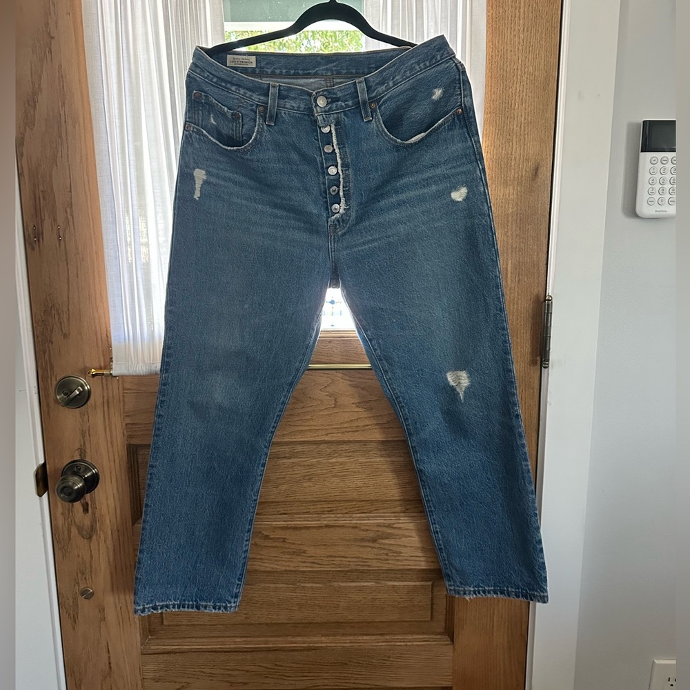 Levi's 501 Medium Blue Straight Leg Ankle Jeans and exposed Button Fly